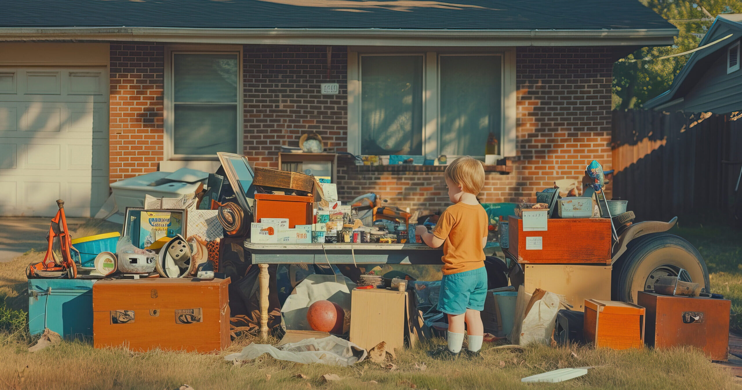 A realistic photograph of a child buying used items at a yard sale in front of a house. Beautiful colors. Pastel tones. Lovely lighting. 4k. --ar 3:2 --v 6 Job ID: d0c818ab-3a25-4a05-85e7-512e9f0f0844